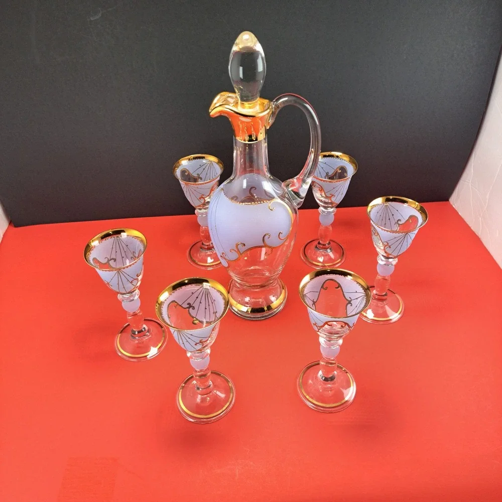 Murano Style Decanter Set Unisex OS Blue Excellent Gold Gilt 7pc Cordial Set